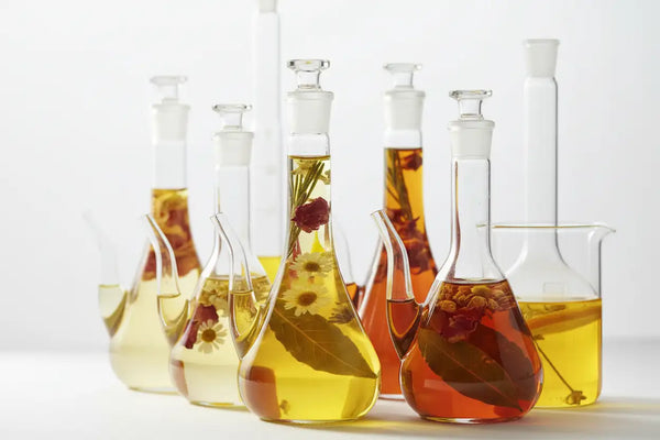 Closeup of Lab vessels filled with infused oils