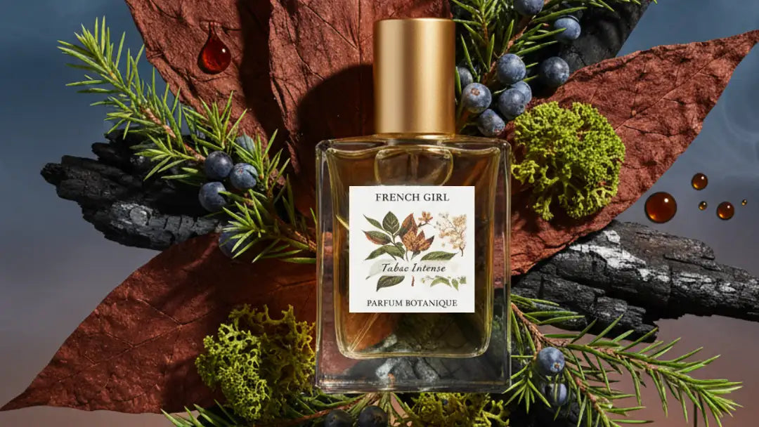 French girl botanical perfume bottle with floral label and dark green accents.