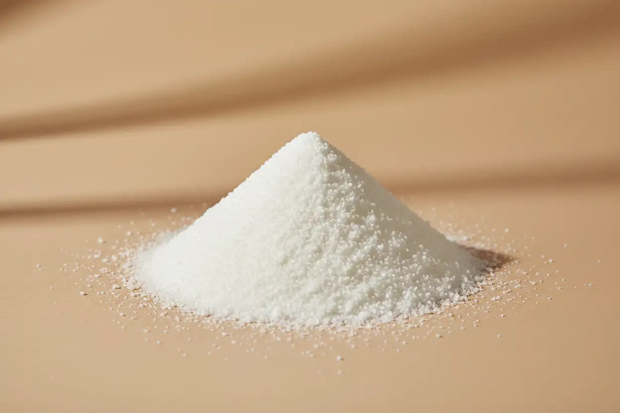 MOUND OF WHITE POWDER ON A BEIGE BACKGROUND