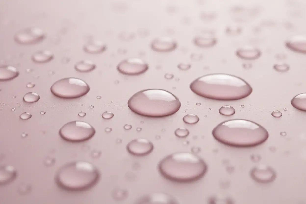 CLEAR DROPS OF WATER ON A PALE PINK BACKGROUND