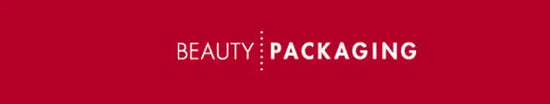 Red beauty packaging logo with white text and a dotted line design.