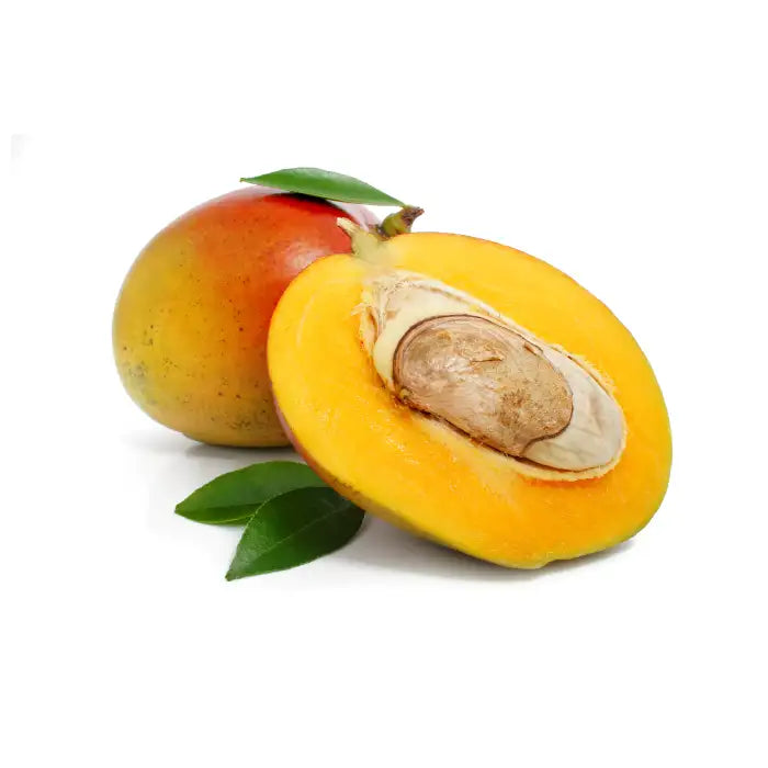 A ripe mango with a vibrant yellow-orange flesh and a smooth, slightly speckled skin, one whole and the other halved to reveal its creamy interior and large seed.