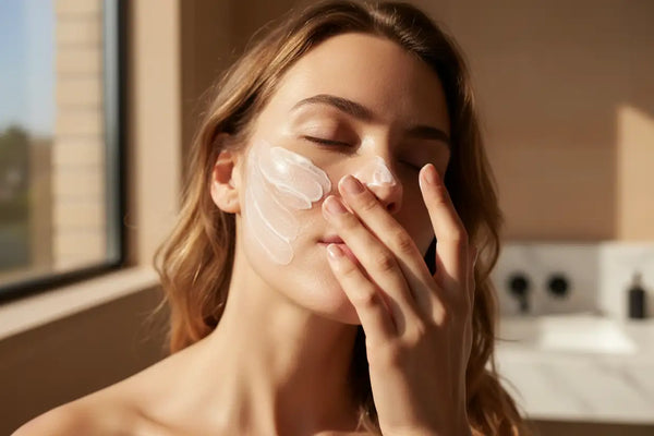 Applying rich cream to facial skin with fingers