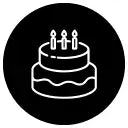 White birthday cake icon with candles and a single slice missing, black background